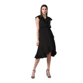 Women's Polyester Ruffled Cap Sleeve Knee-Length Dress (Black)